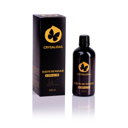 Aceite de masaje Crysalidas · 1500 mg CBD · 100 ml - envase original sobre fondo blanco