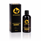 Aceite de masaje Crysalidas · 1500 mg CBD · 100 ml — caja y envase sobre fondo blanco con reflejo