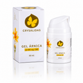 Gel de árnica Crysalidas · 400 mg CBD · 50 ml — caja y envase sobre fondo blanco con reflejo