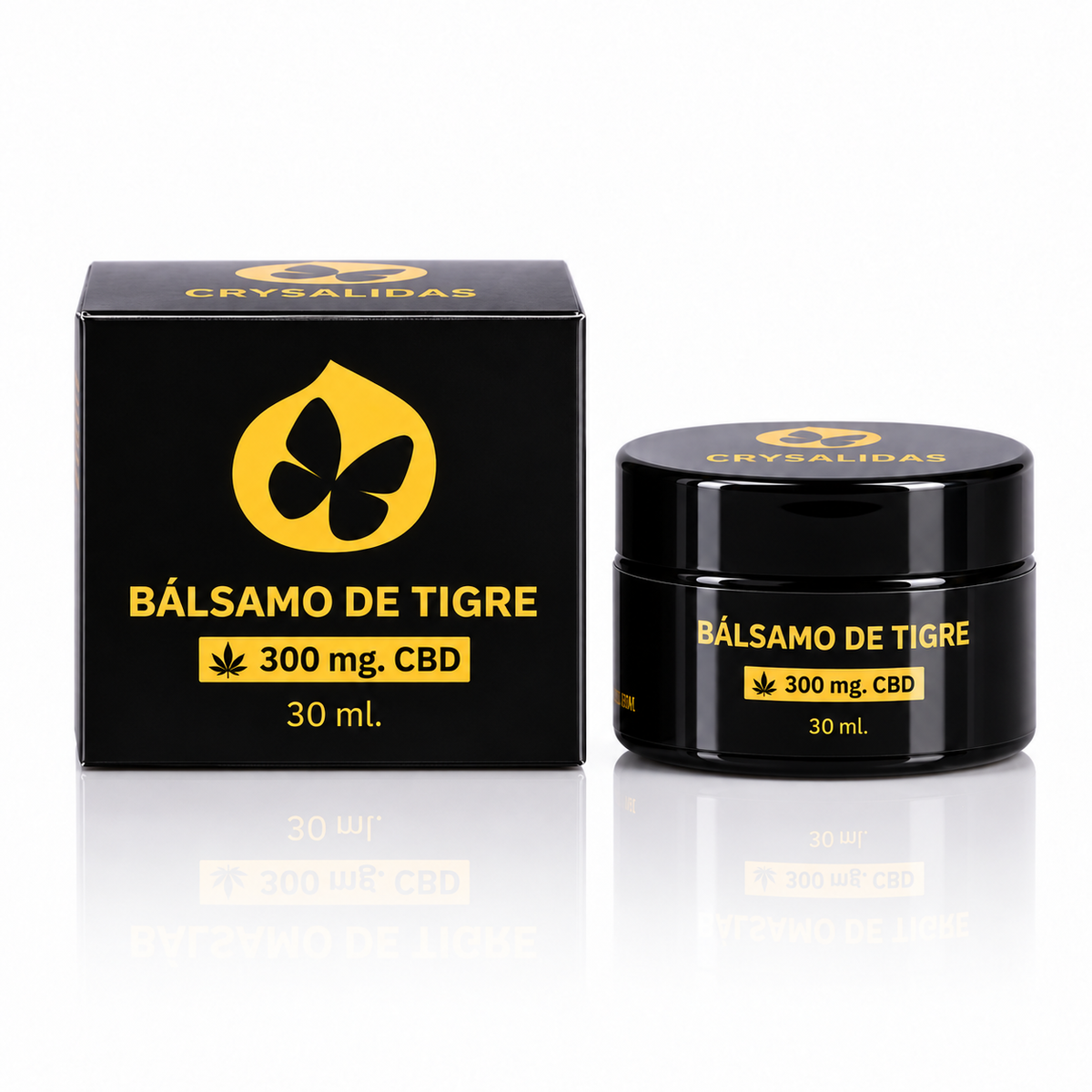 Bálsamo de tigre Crysalidas · 300 mg CBD · 30 ml — caja y envase sobre fondo blanco con reflejo