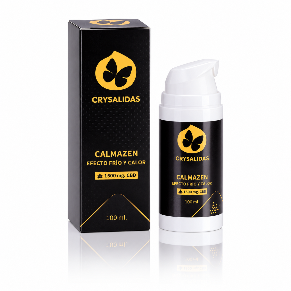Calmazen Frío/Calor (1500 mg CBD) — caja y envase sobre fondo blanco con reflejo