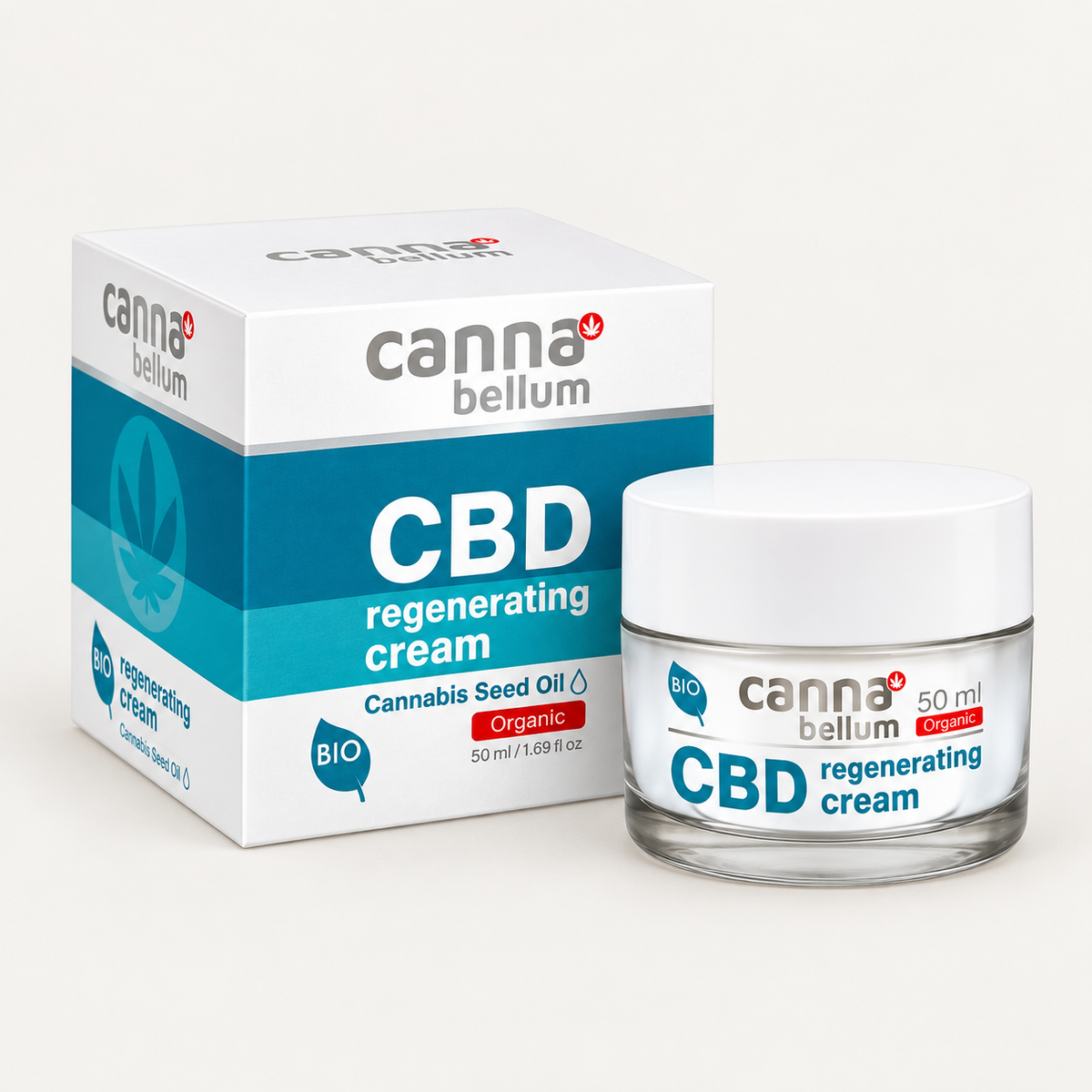 Crema regeneradora Cannabellum CBD de 50 ml, tarro y caja