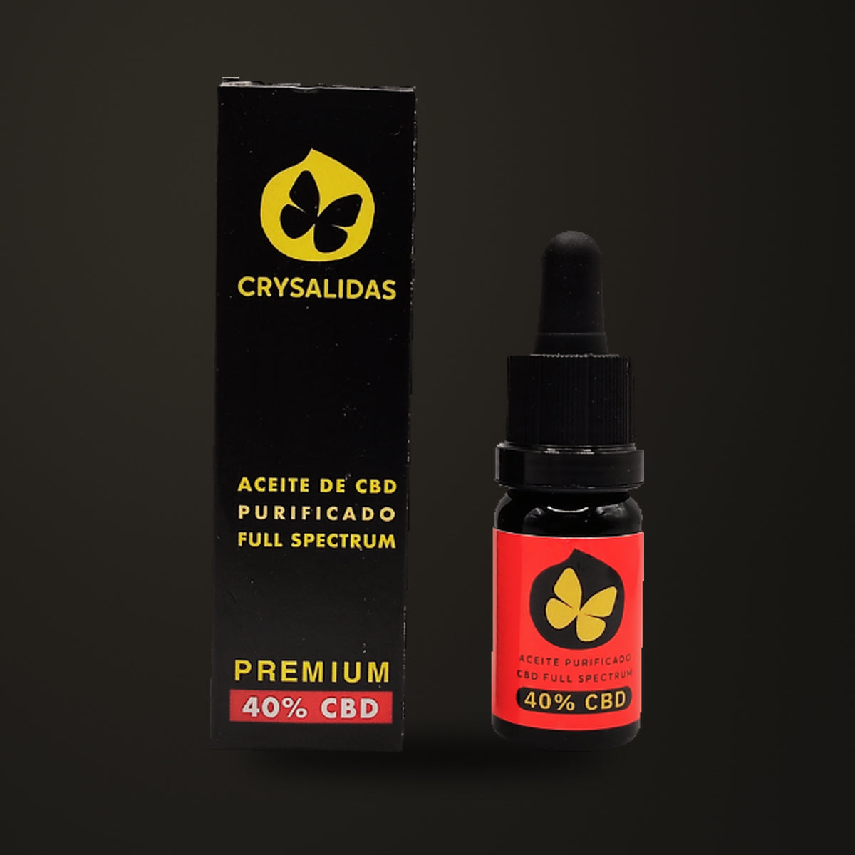 Aceite Full Spectrum (40% CBD), sobre fondo oscuro Estudio.