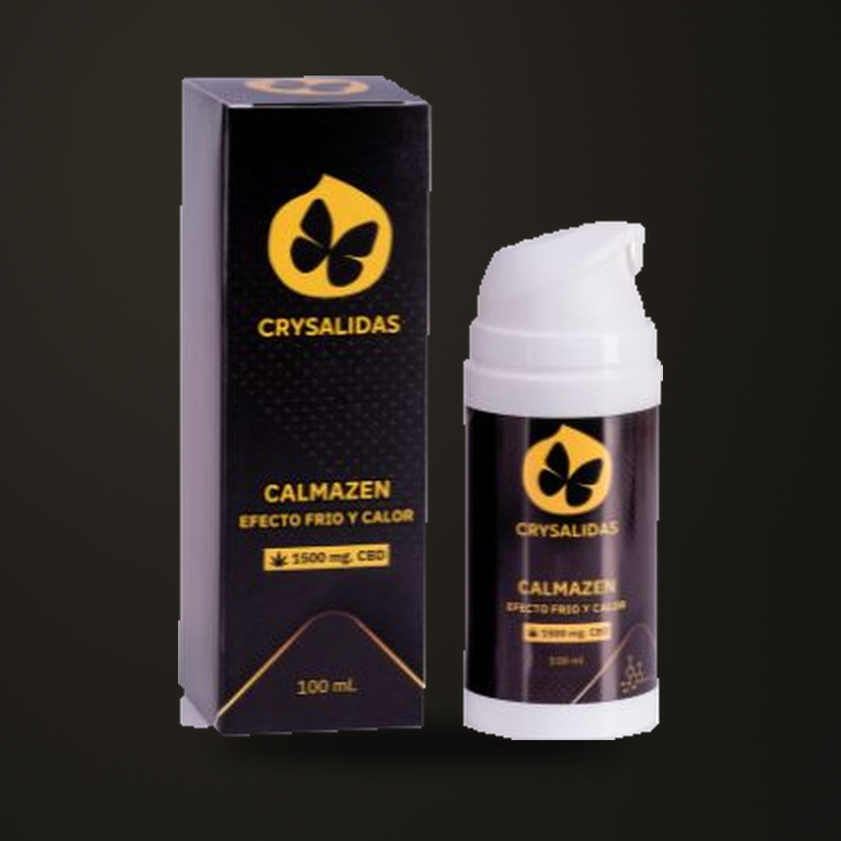 Calmazen Frío/Calor con 1500 mg de CBD, caja y envase sobre fondo oscuro Estudio.