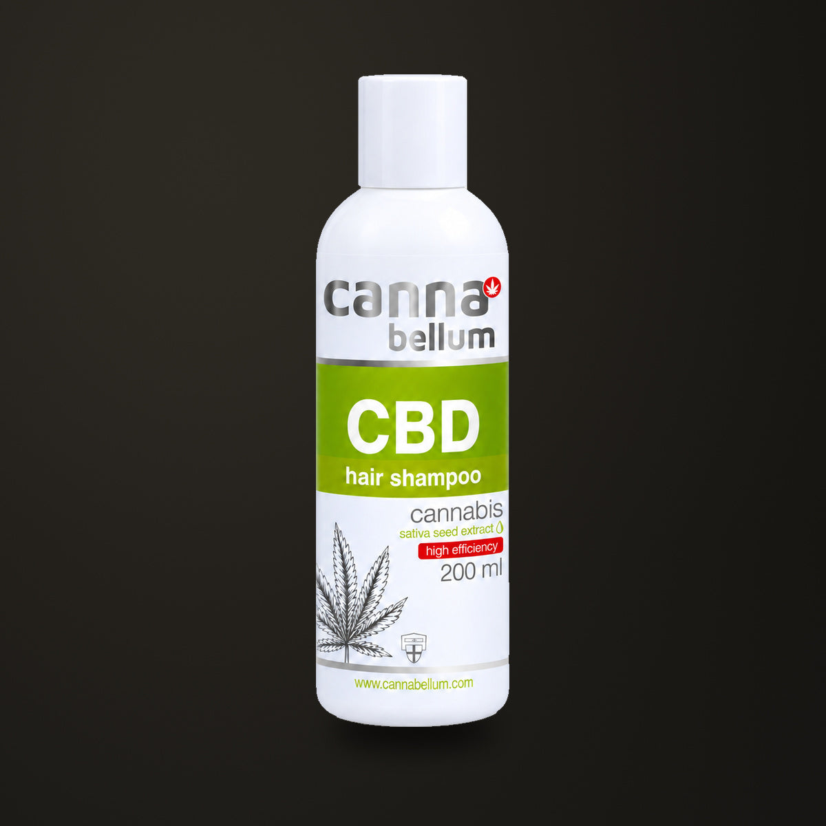 Champú Cannabellum CBD · 200 ml, sobre fondo oscuro Estudio.