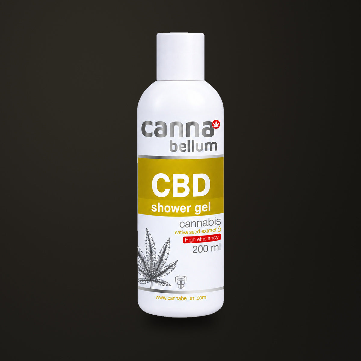 Gel de ducha Cannabellum CBD · 200 ml, sobre fondo oscuro Estudio.