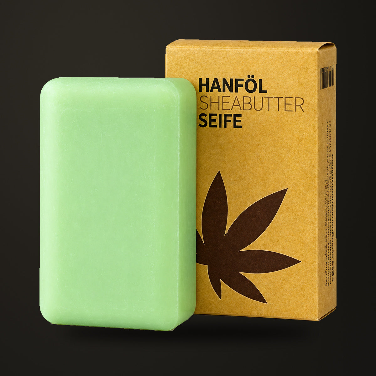 Jabón de cáñamo y karité Hanf & Natur · 100 g, sobre fondo oscuro Estudio.