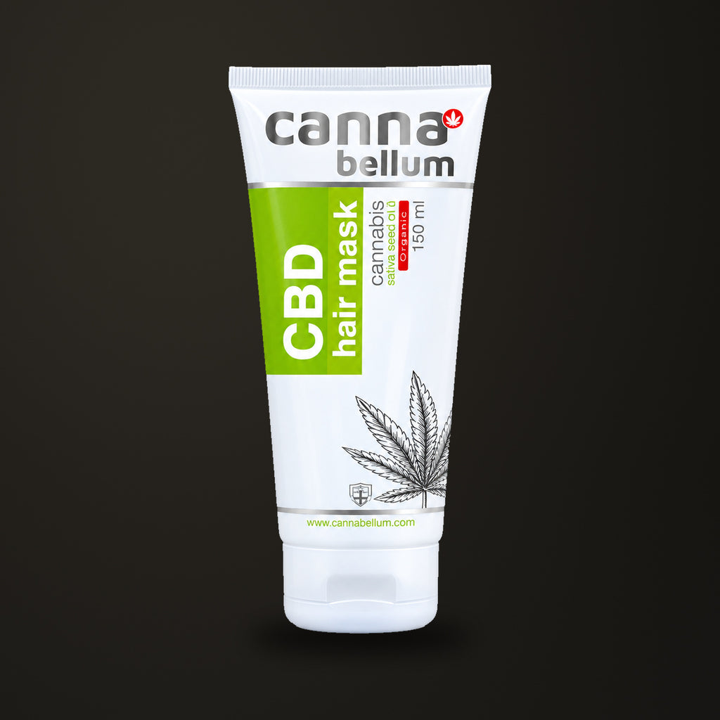 Mascarilla capilar Cannabellum CBD · 150 ml, sobre fondo oscuro Estudio.