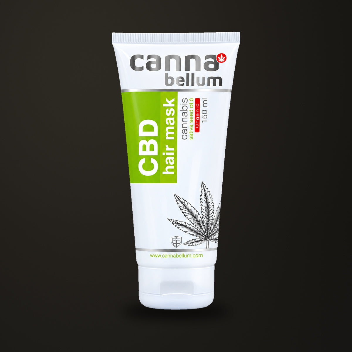 Mascarilla capilar Cannabellum CBD · 150 ml, sobre fondo oscuro Estudio.
