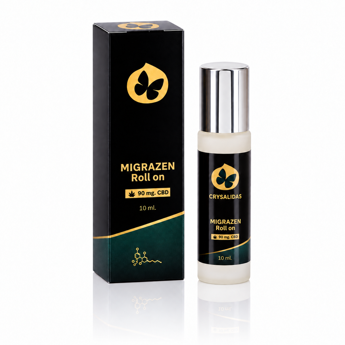 Migrazen roll-on Crysalidas · 90 mg CBD · 10 ml — caja y envase sobre fondo blanco con reflejo