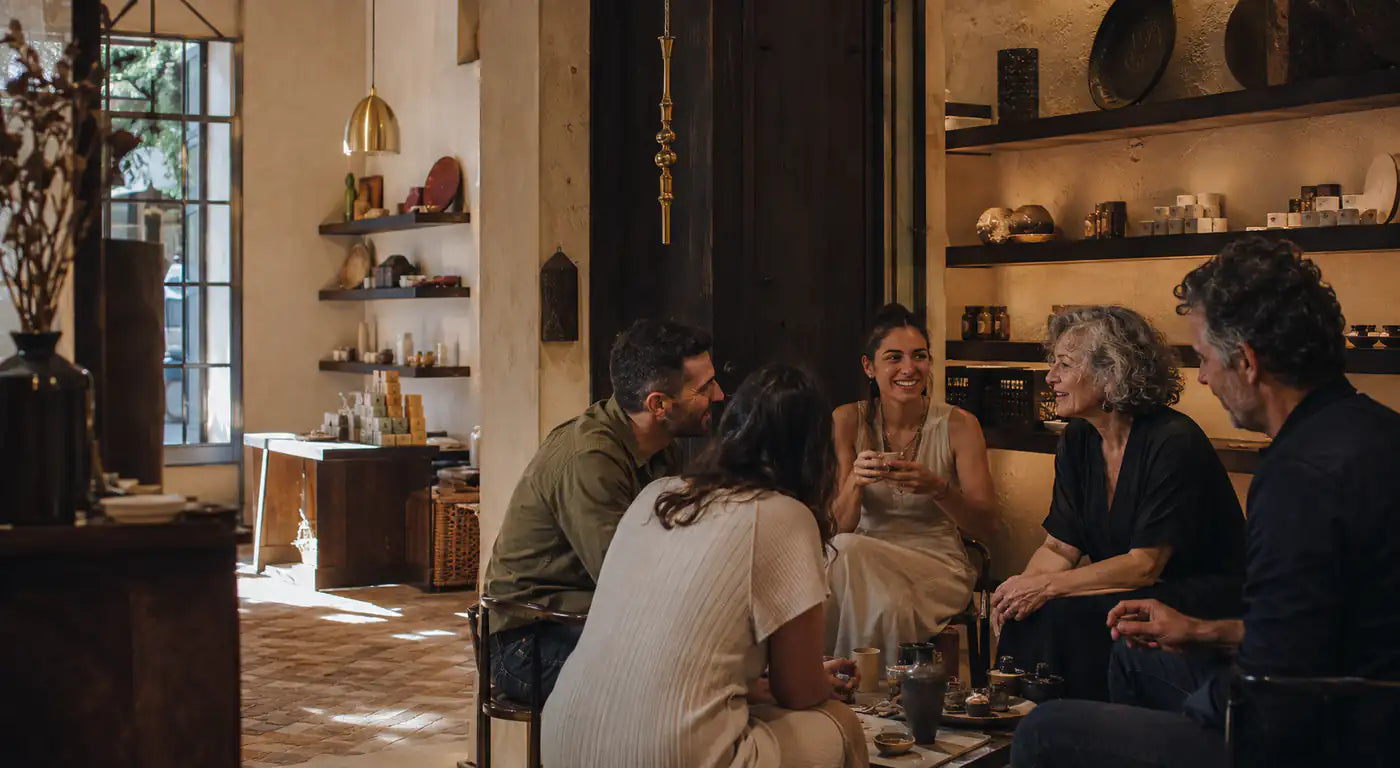 Un pequeño grupo conversa en una tienda cálida alrededor de una mesa