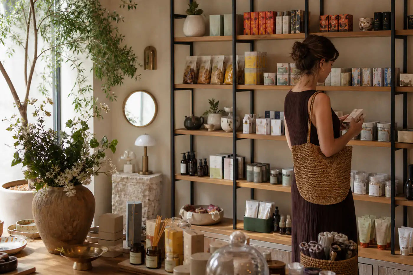 Visitante descubriendo productos en una tienda cálida y luminosa